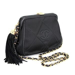 Chanel Fringed Clasp Chain Shoulder Bag Satin Black